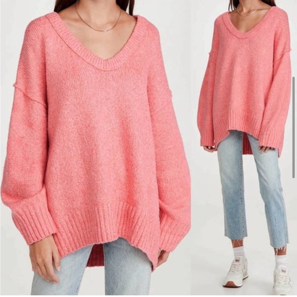 Free People Coral Pink V-Neck Oversized Sweater - Picture 5 of 13
